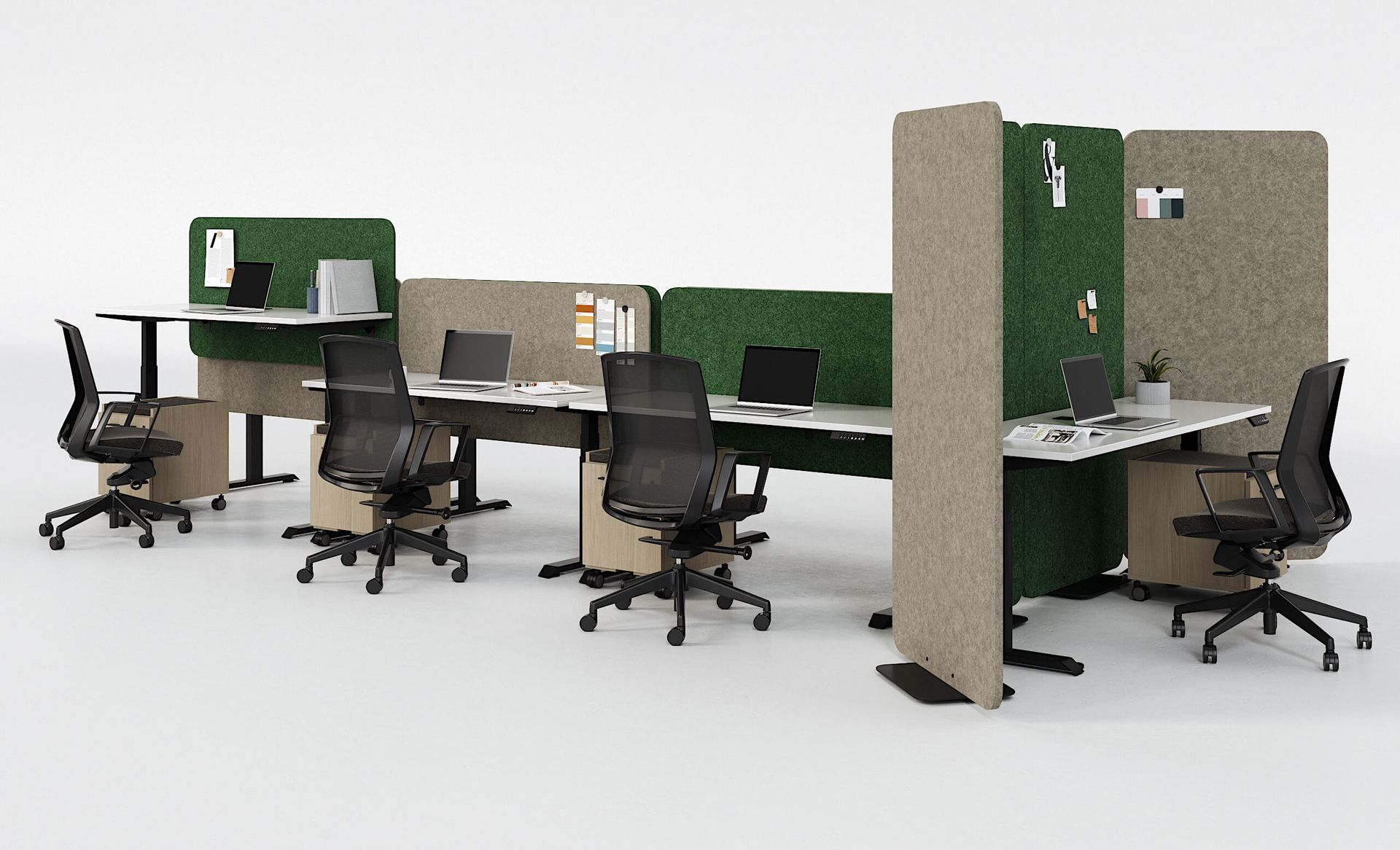 Office workstations with desks, chairs, and privacy screens in beige and green.