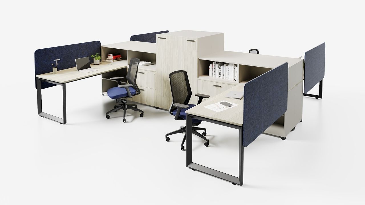 Office workstation setup with desks, chairs, and storage, featuring gray and blue accents.