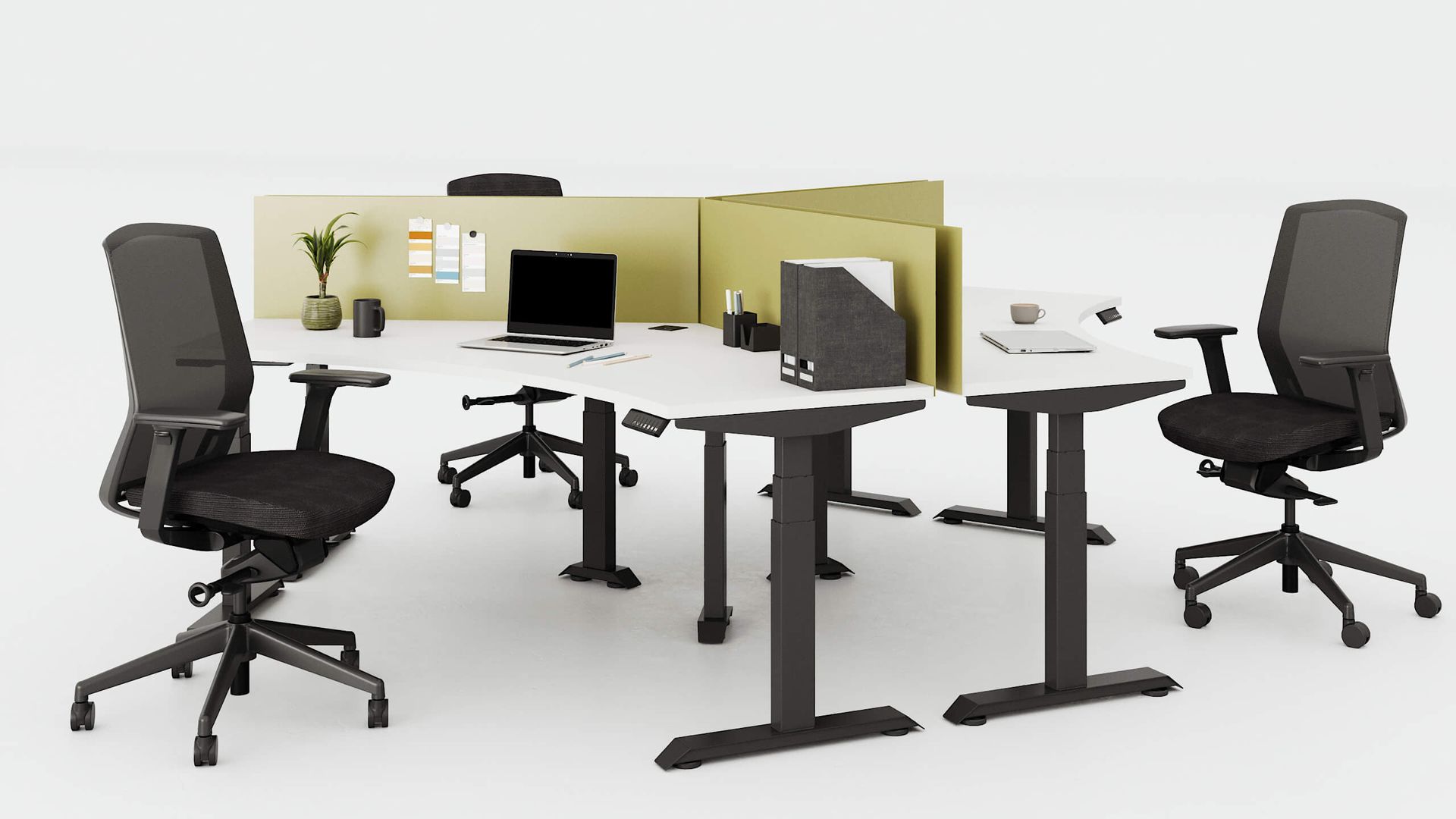Office setup: two black mesh chairs, a desk with adjustable legs, and a screen.