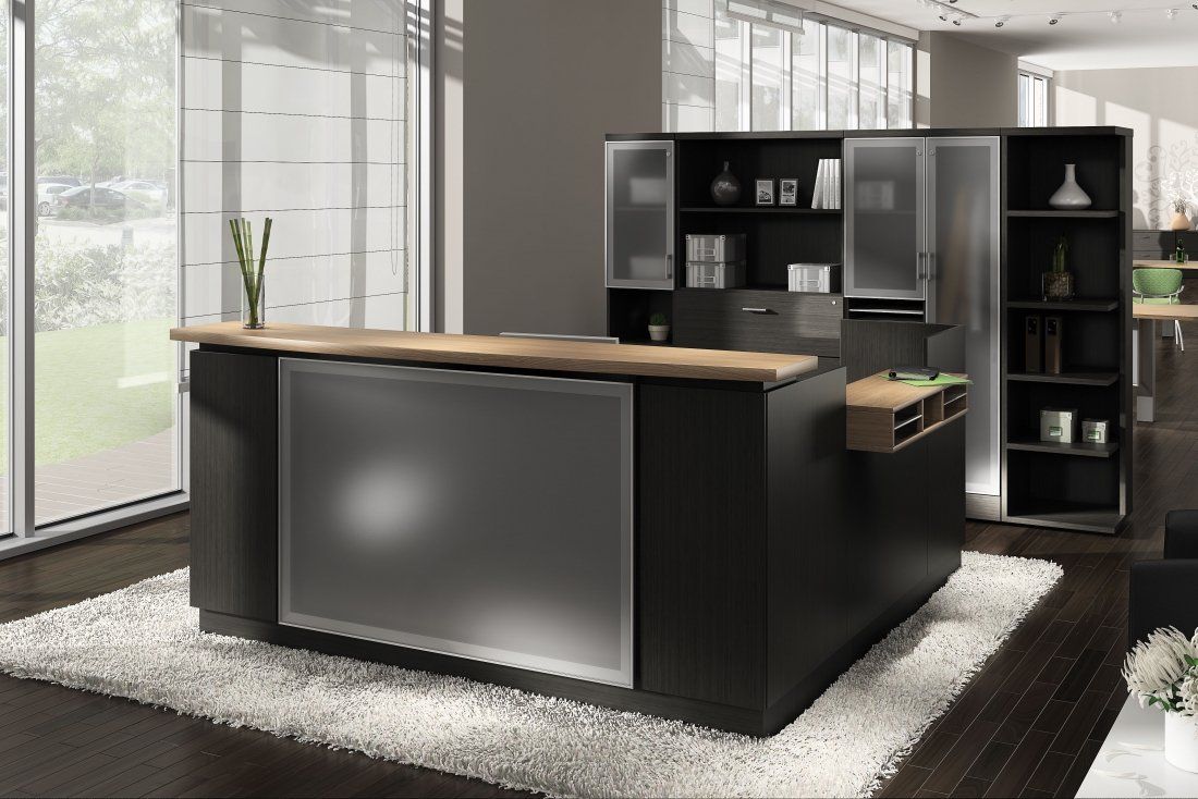 Zira Bow-front reception desk with storage wall divider
