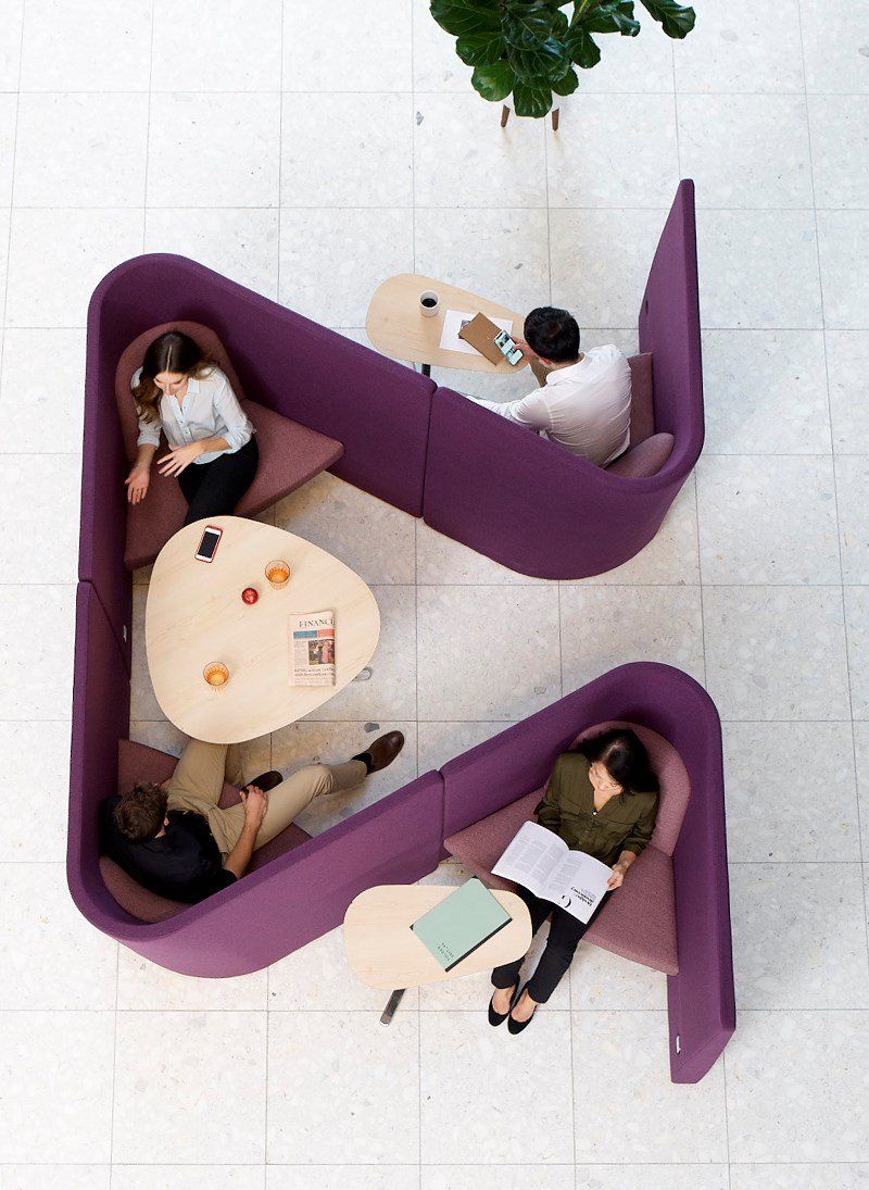 Vee purple combined seclusion and collaboration angular paneled seating, overhead