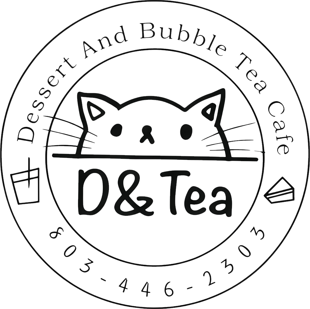 D&Tea logo with a cat face, &ldquo;Dessert And Bubble Tea Cafe,&rdquo; and phone number 803-446-2308
