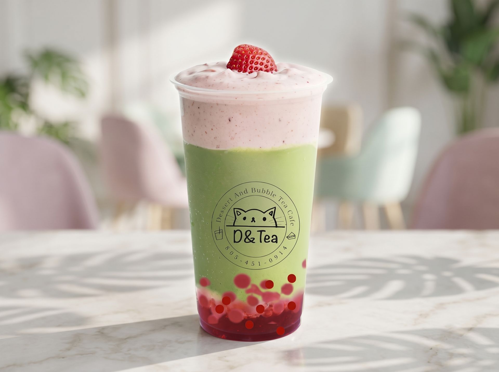 Green layered bubble tea with strawberry topping in a clear cup on a table