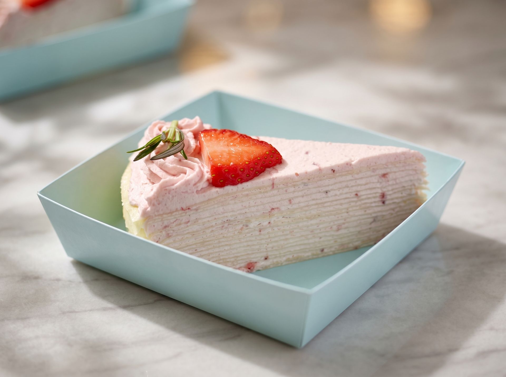 Slice of strawberry cake on a light blue plate with a strawberry garnish