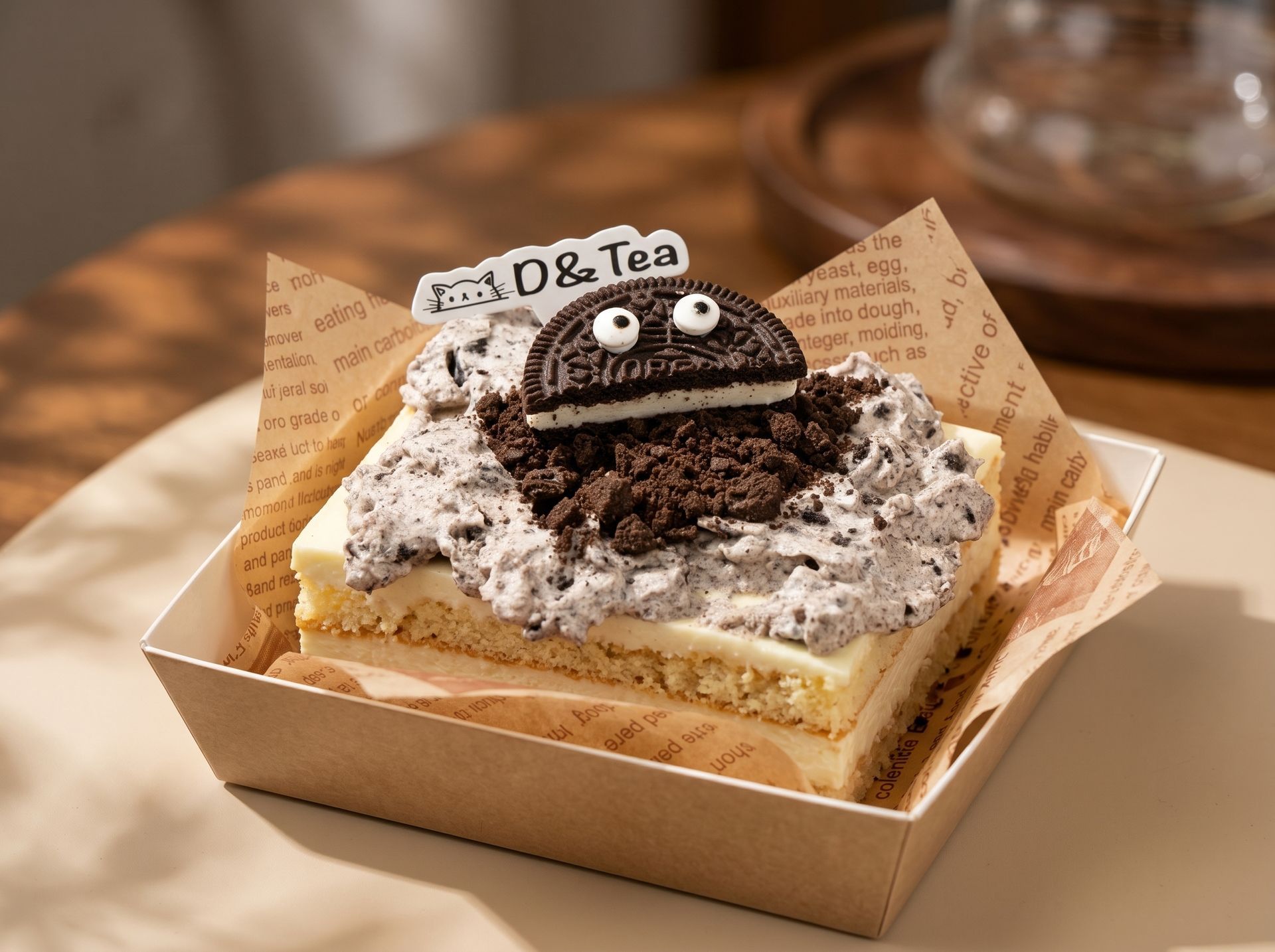 A dessert box with a chocolate cookie cake topped with cream and cookie eyes, labeled “Tea & Tea.”