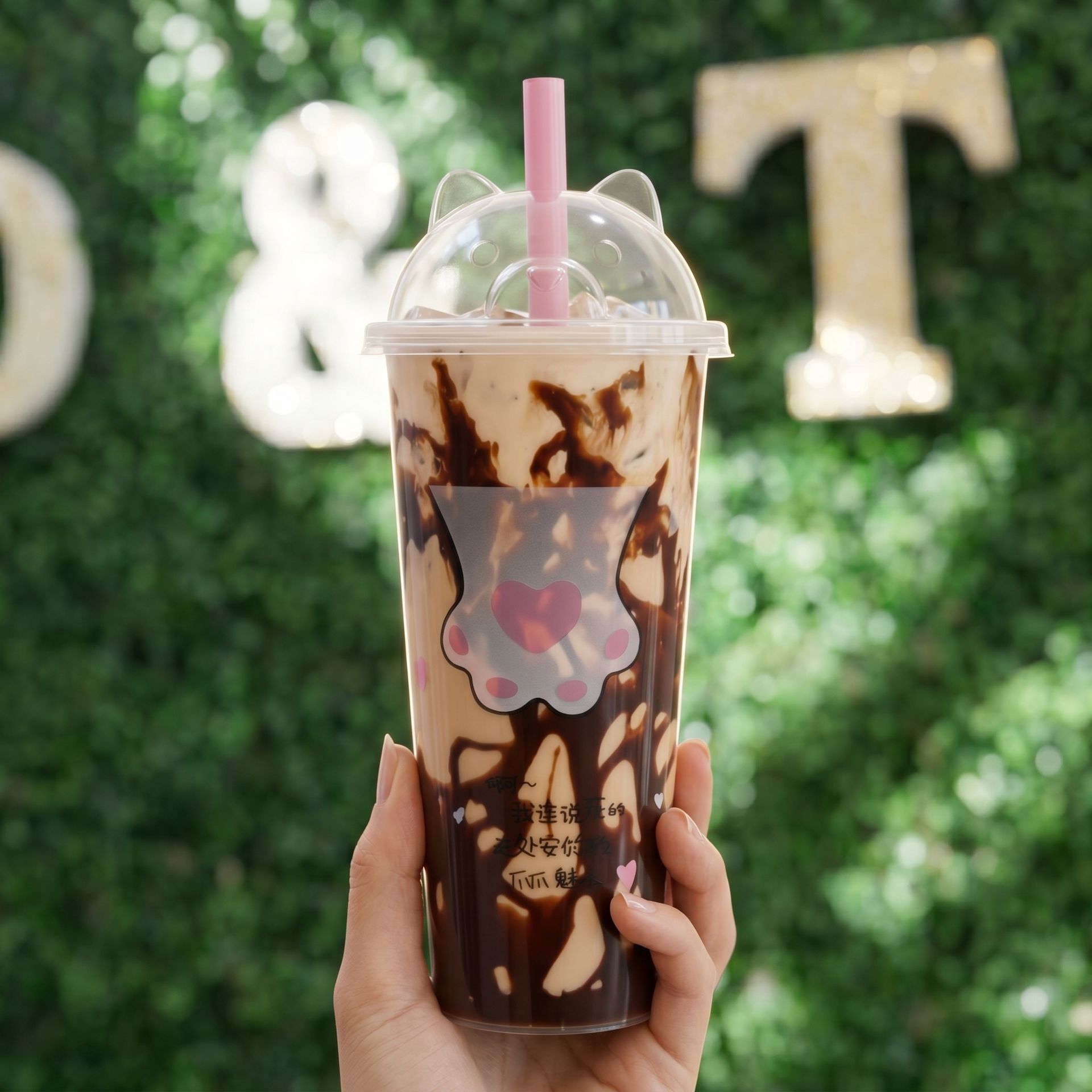 Hand holding a chocolate-drizzled iced drink with a pink straw and whipped cream against a green background