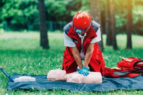 A Man is Practicing a Heart Attack on a Mannequin in a Park — Revive Training in Tweed Heads, NSW