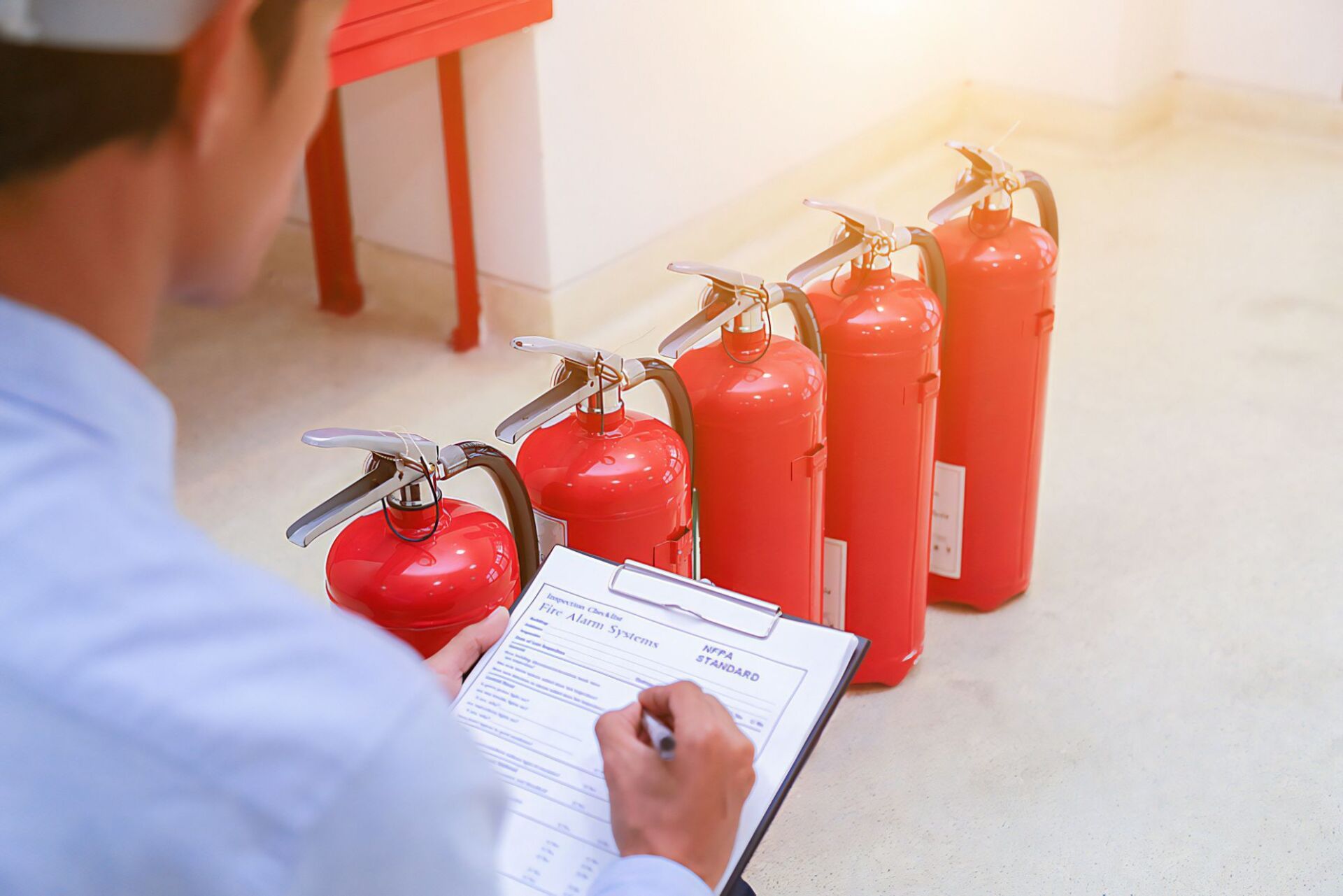 Person Inspecting Red Fire Extinguishers With a Clipboard — Revive Training in Alstonville, NSW