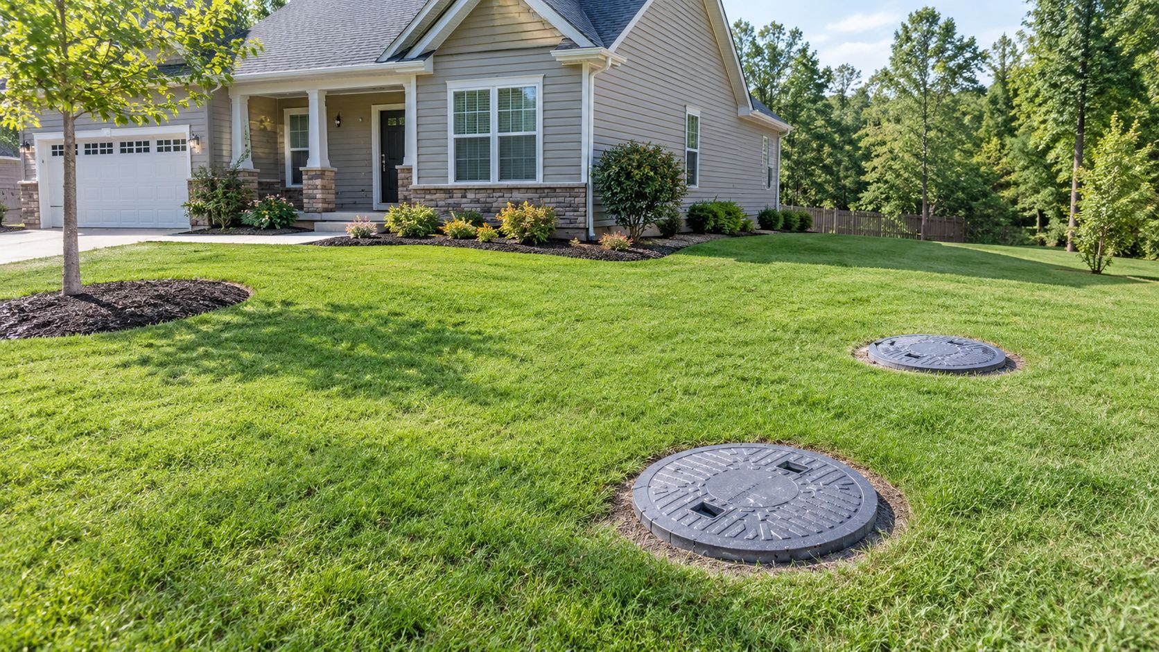 Suburban house with a green lawn and two round utility covers in the foreground