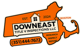 Orange Massachusetts-shaped logo for Downeast Title Inspections LLC with phone number and Boston text