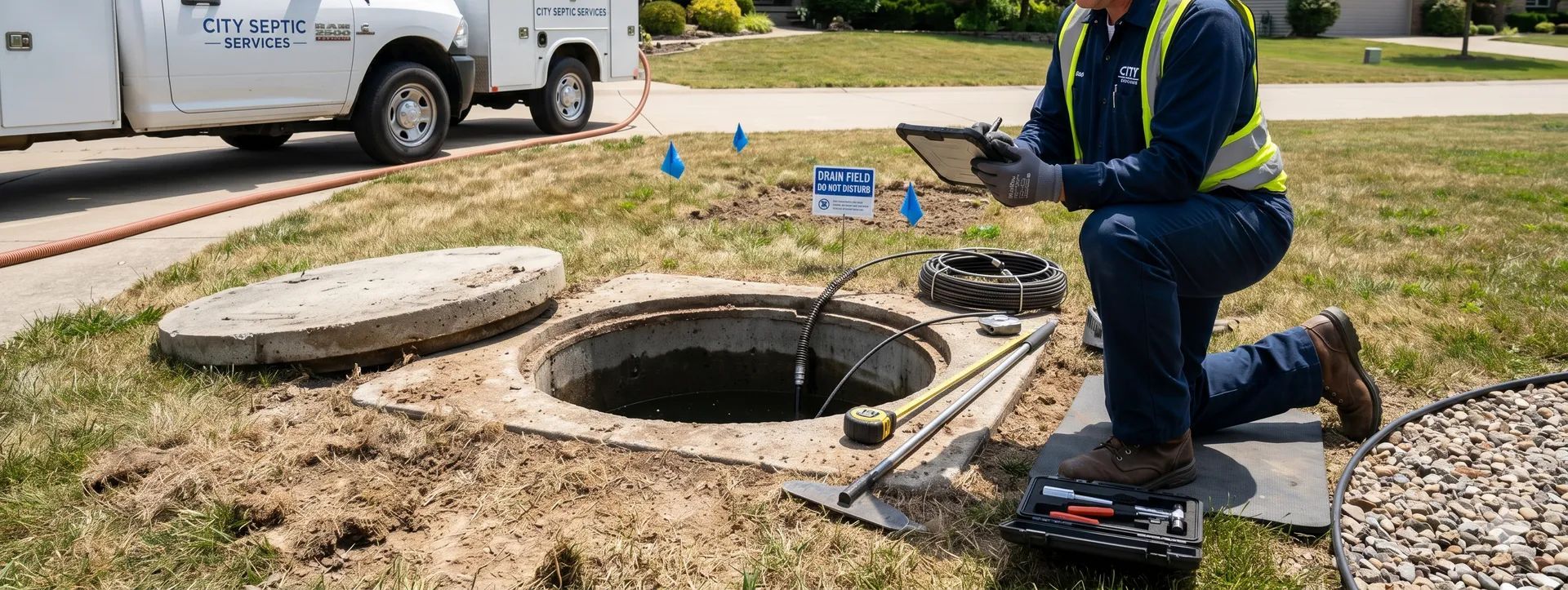 Worker in safety vest at an open manhole on a roadside, using tools beside a utility truck.