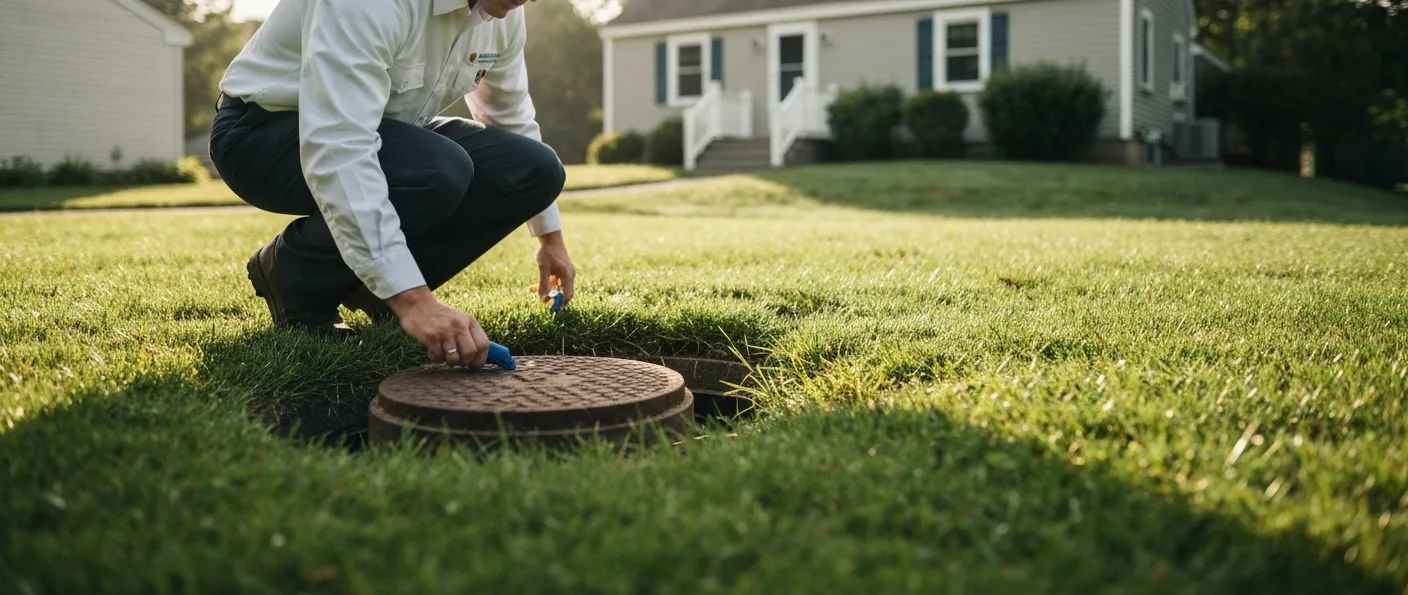 Person kneels beside a lawn sprinkler head, adjusting it on a sunny green lawn.