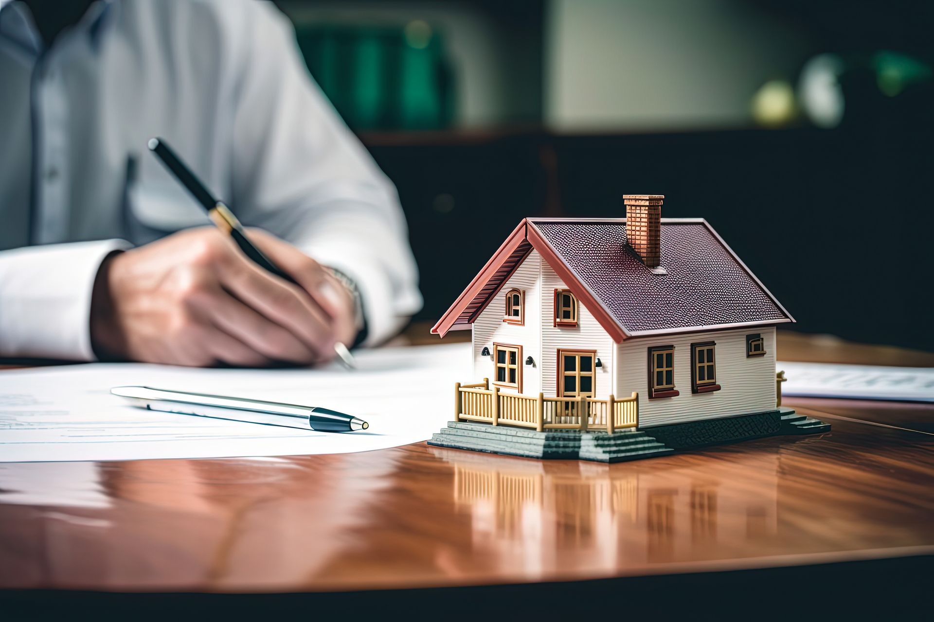Un homme écrit sur un morceau de papier à côté d'une maison modèle sur une table.