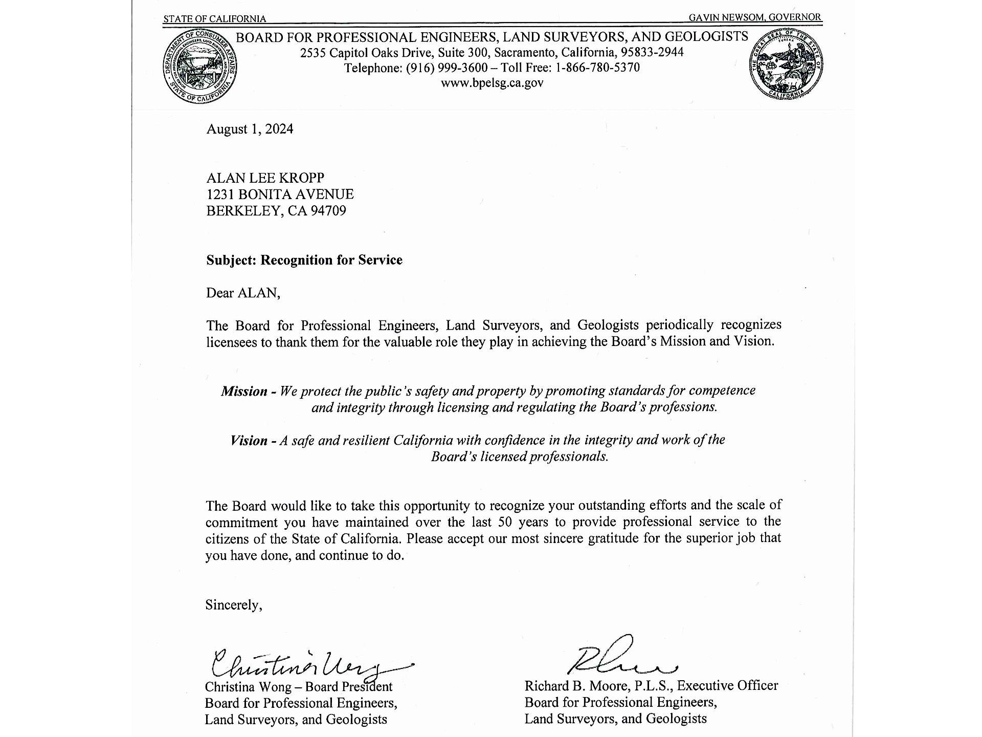 AK 50 Year Professional Engineer Award Letter AK 50 Year Professional Engineer Award Letter