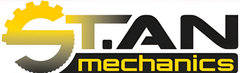 Logo STAN Mechanics con ingranaggio giallo e testo giallo e nero su sfondo bianco.