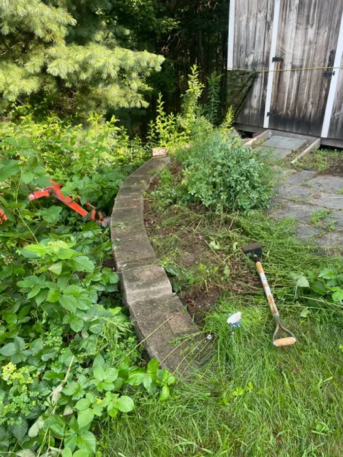 A garden with a brick wall and a shovel in the grass.