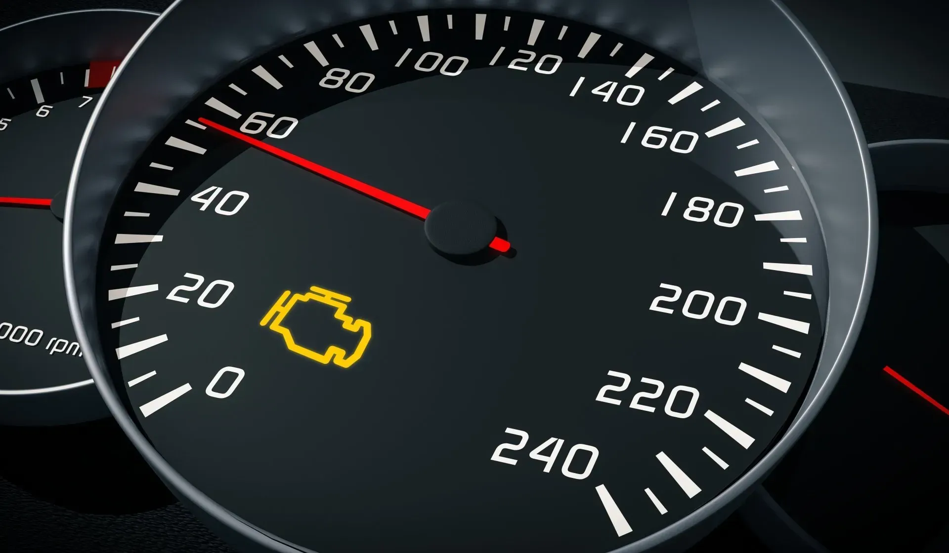 Car dashboard tachometer with red needle and yellow check engine warning light illuminated