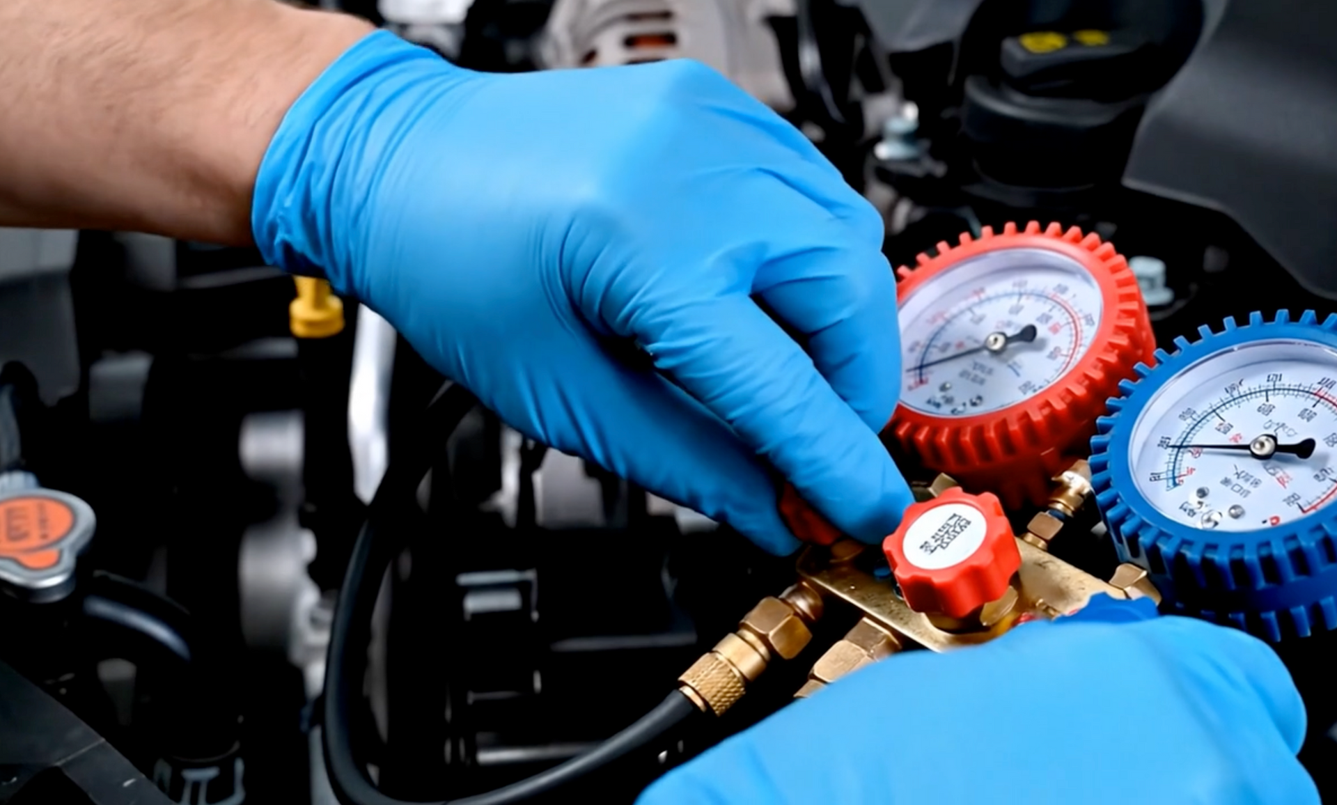 Gloved hands adjusting red and blue HVAC gauges on an engine manifold in a car
