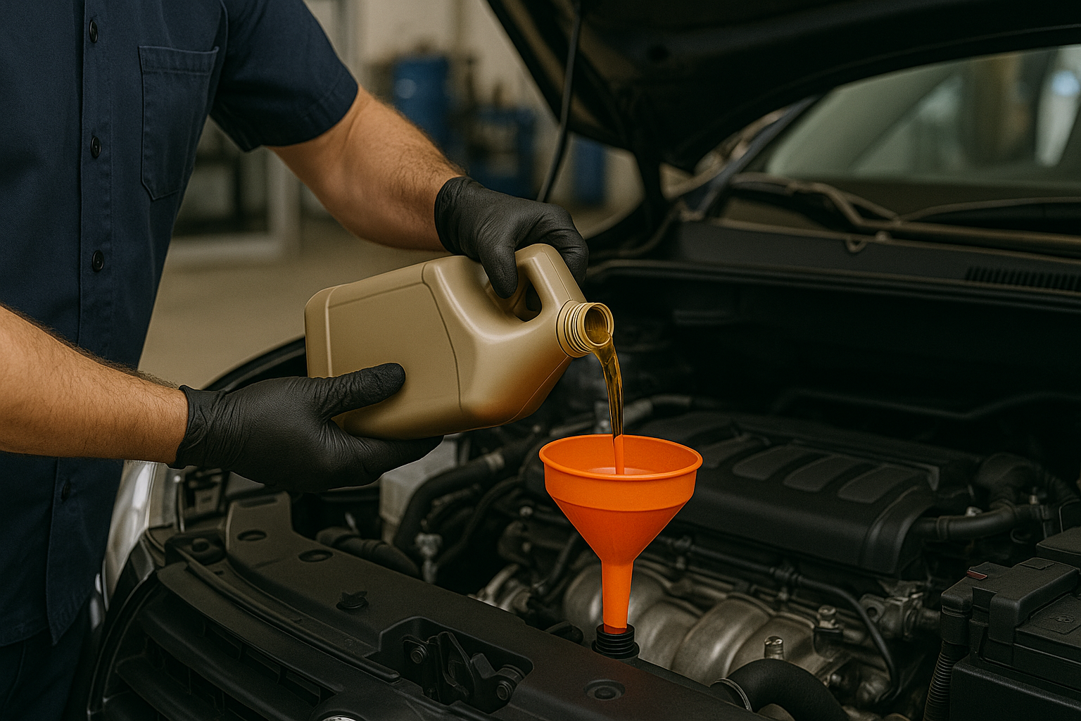 Mechanic pouring oil into a car engine through an orange funnel in an open hood compartment
