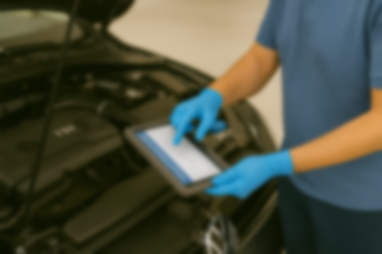 Person in blue gloves using a tablet beside open car engine components