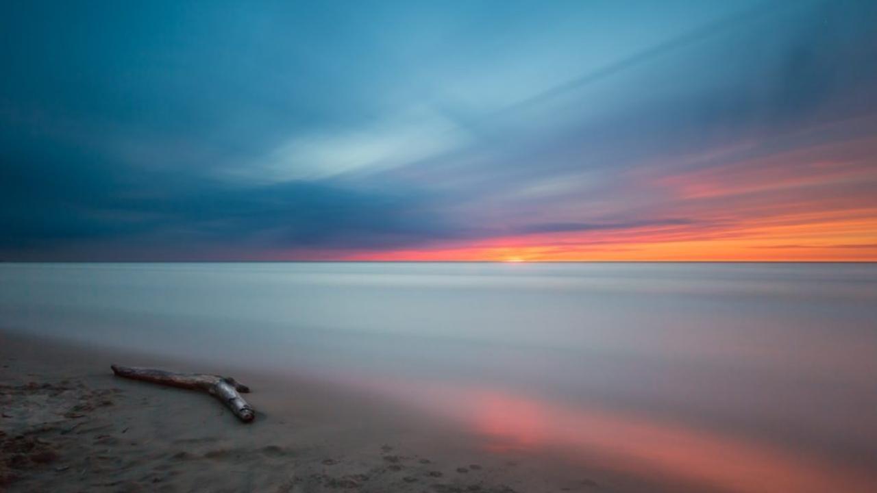 A long exposure photo of a beach at sunset with a tree branch in the foreground.