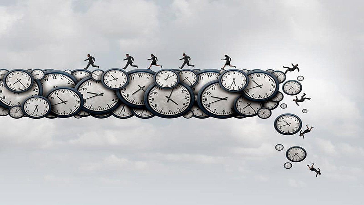 A bunch of clocks are flying through the air.