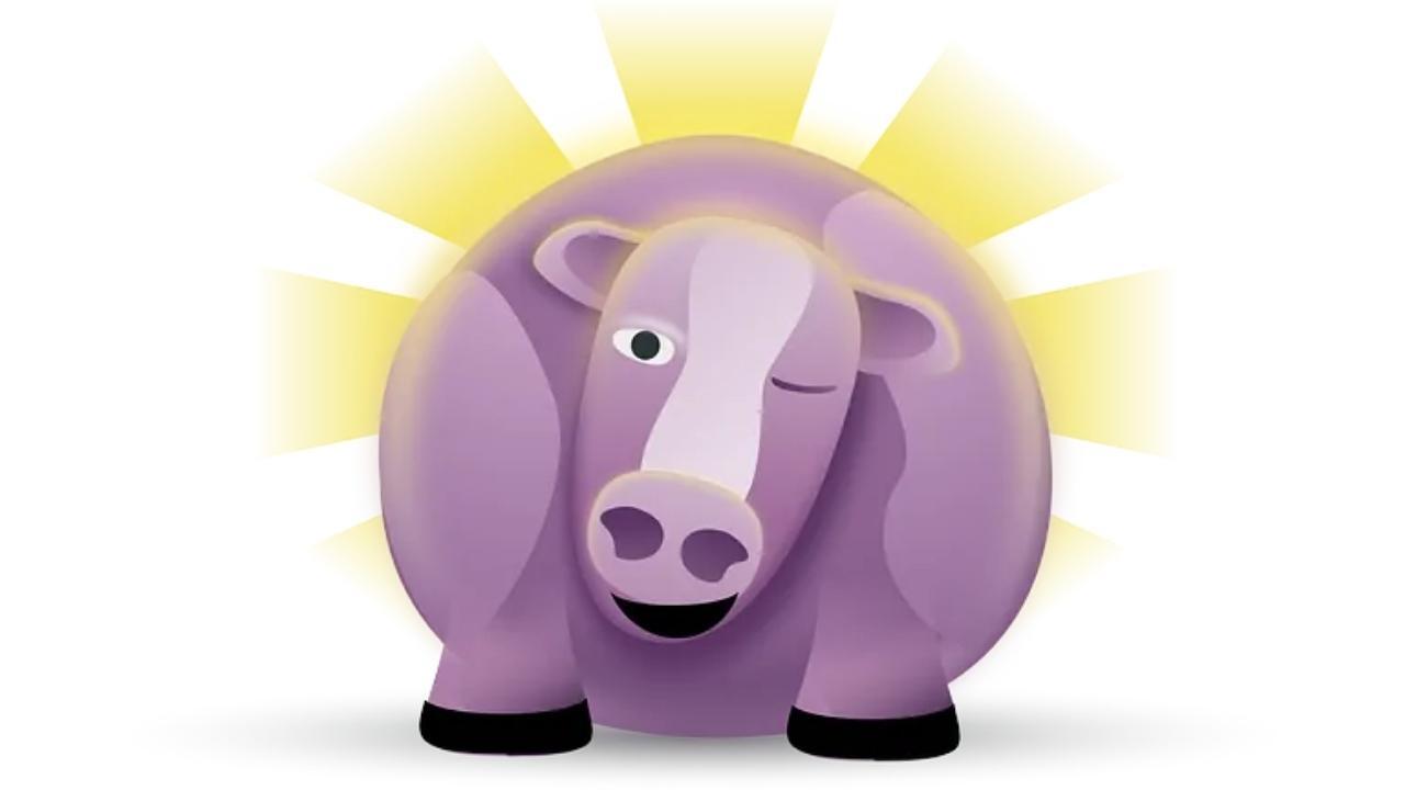 A purple cow with a white nose and a yellow sun behind it