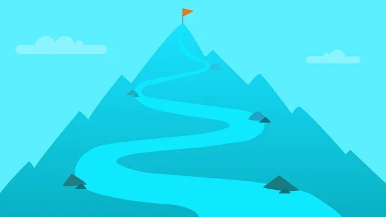 A blue mountain with a flag on top of it.