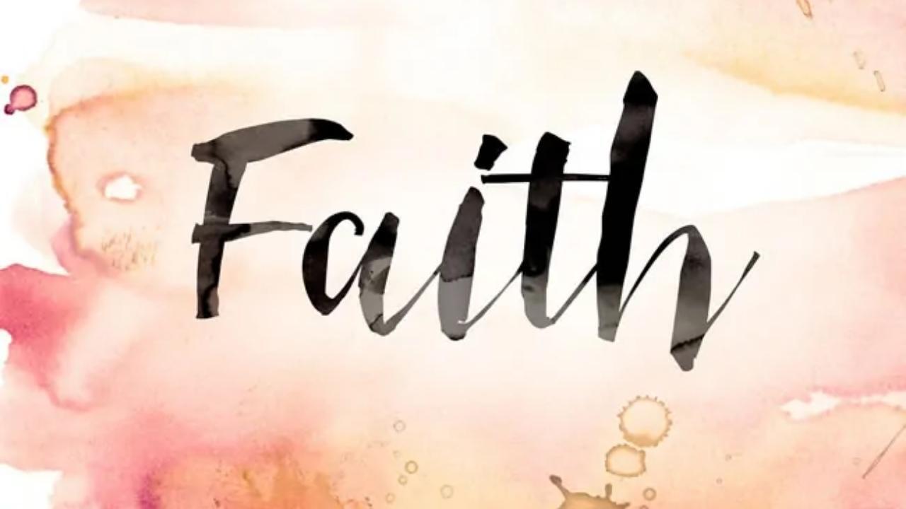 The word faith is written in black on a pink watercolor background.