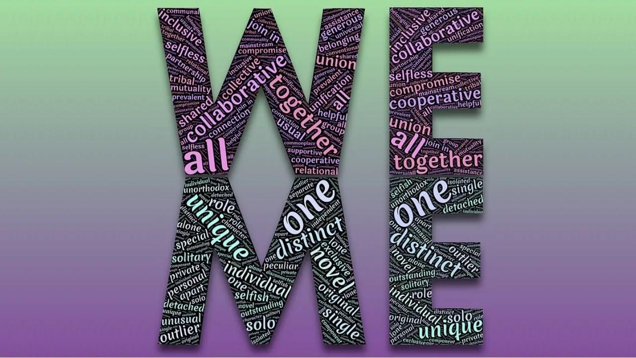 The word we is made up of words on a green and purple background.
