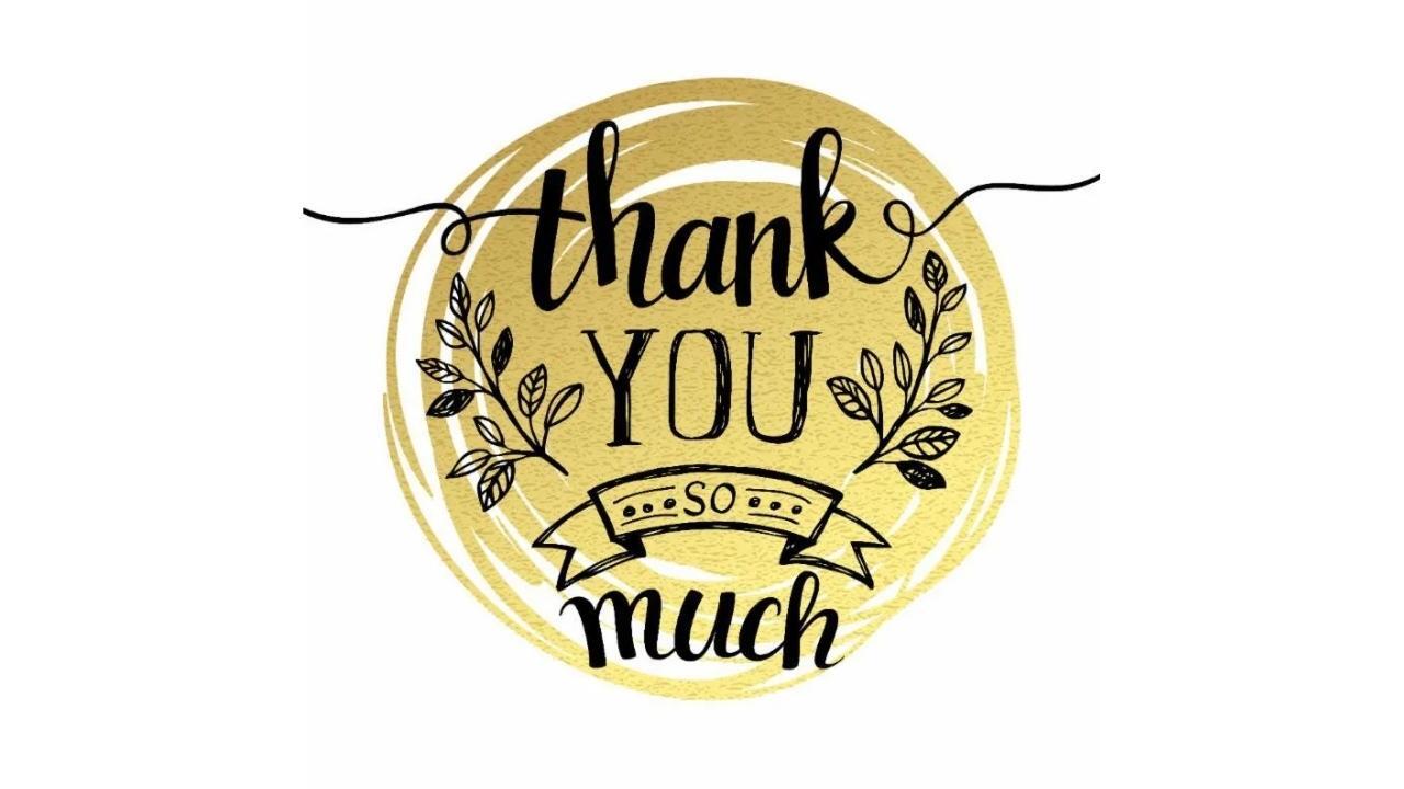 A gold circle with the words `` thank you so much '' written on it