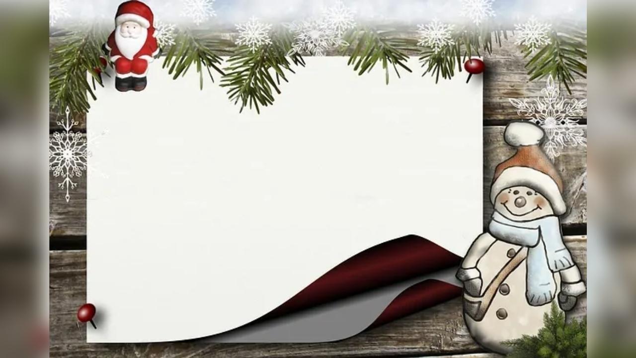 A christmas frame with santa claus and a snowman