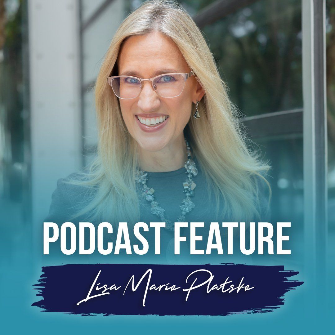 Lisa Marie Platske wearing glasses is on a podcast feature