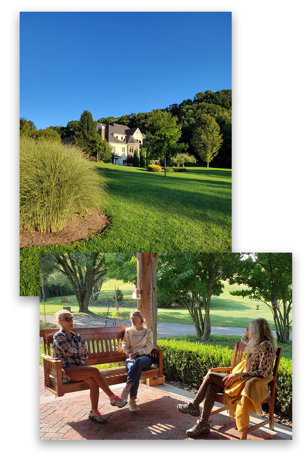 Two people are sitting on a bench in a park with a house in the background.