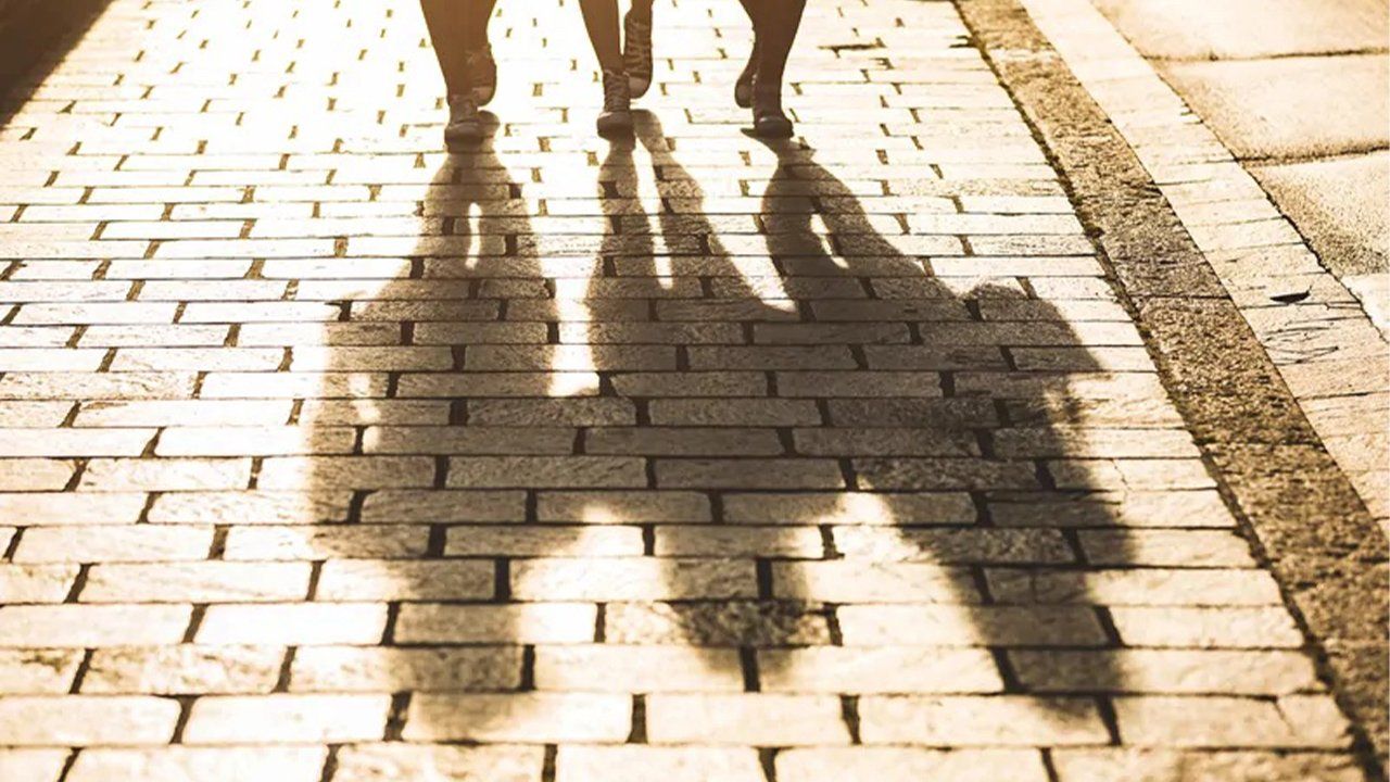 Shadows of people walking on a brick sidewalk