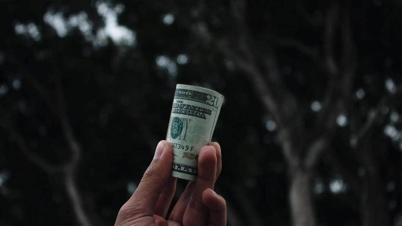 A person is holding a roll of money in their hand.