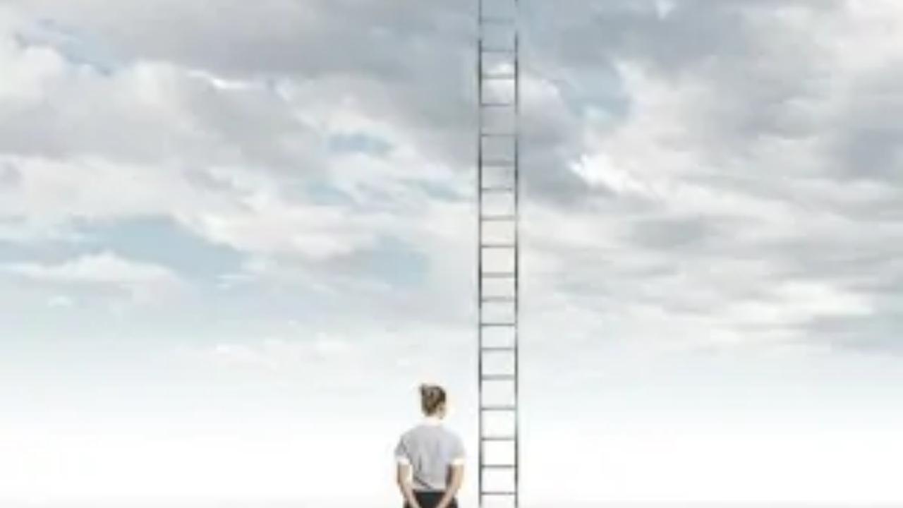 A man is standing in front of a ladder against a cloudy sky.