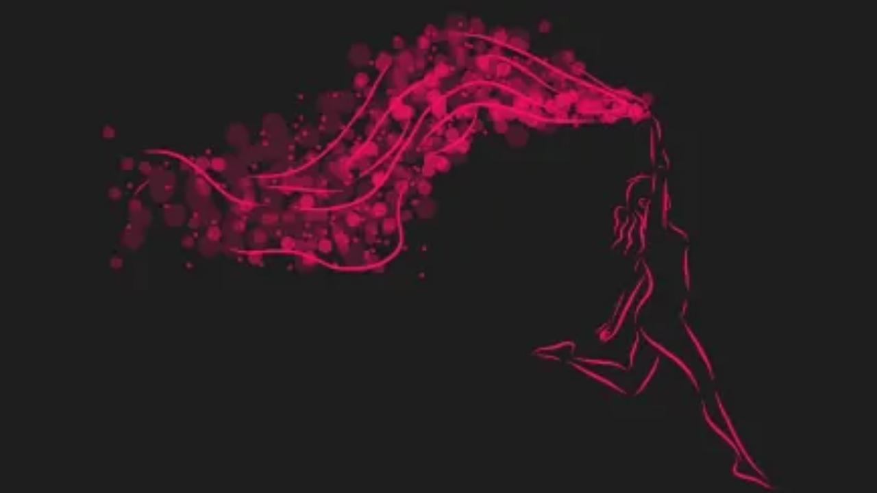 A silhouette of a woman is surrounded by pink smoke on a black background.