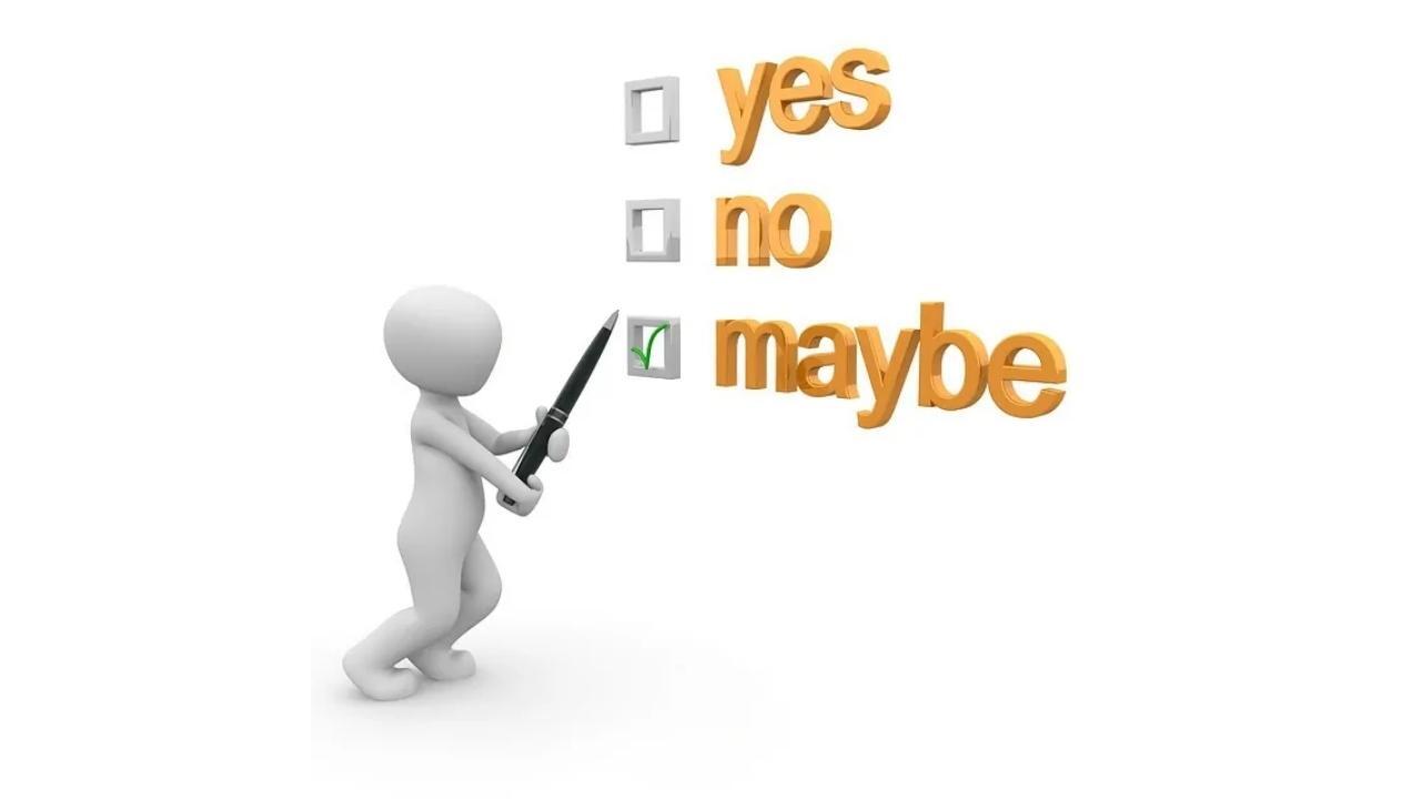 A 3d man is holding a pen and checking yes no and maybe