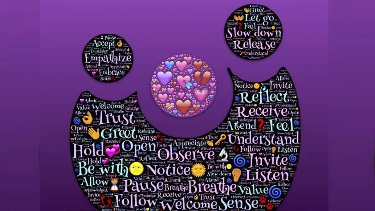 A smiley face made out of words on a purple background