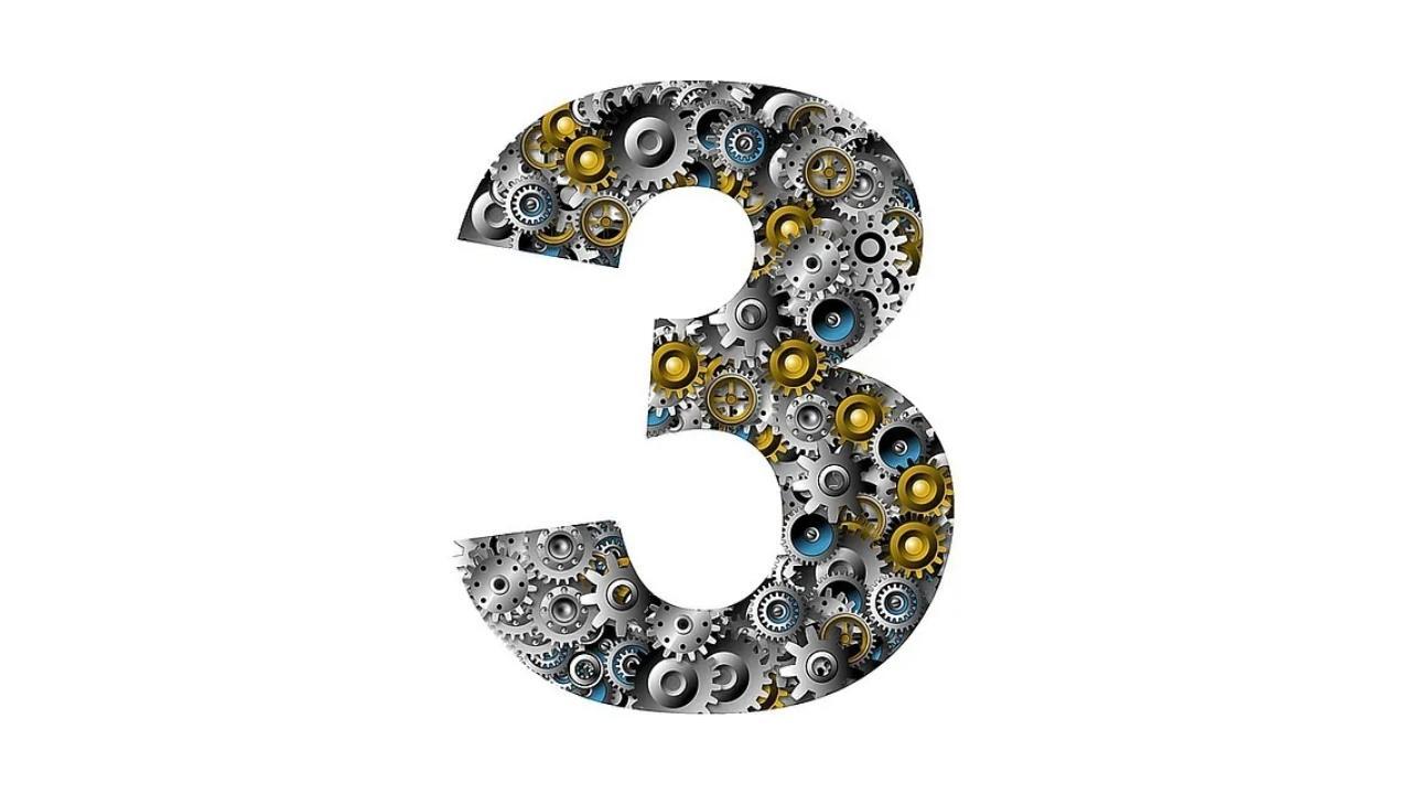 The number three is made of gears on a white background.