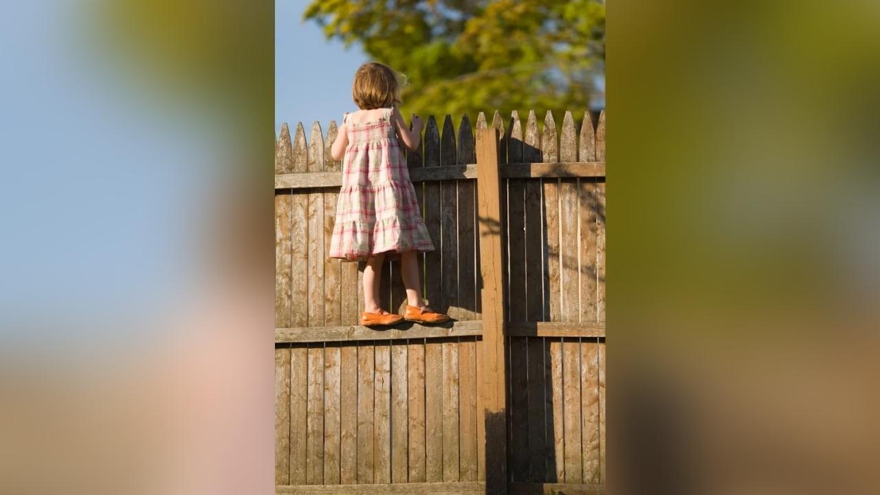 A little girl is standing on top of a wooden fence.