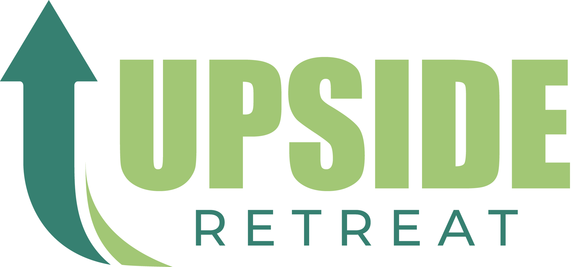 The logo for upside retreat has a green arrow pointing up.