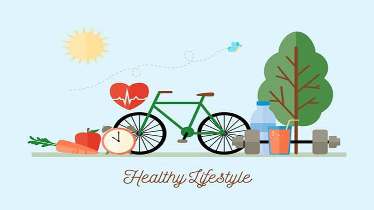 An illustration of a healthy lifestyle with a bicycle , fruits and vegetables.