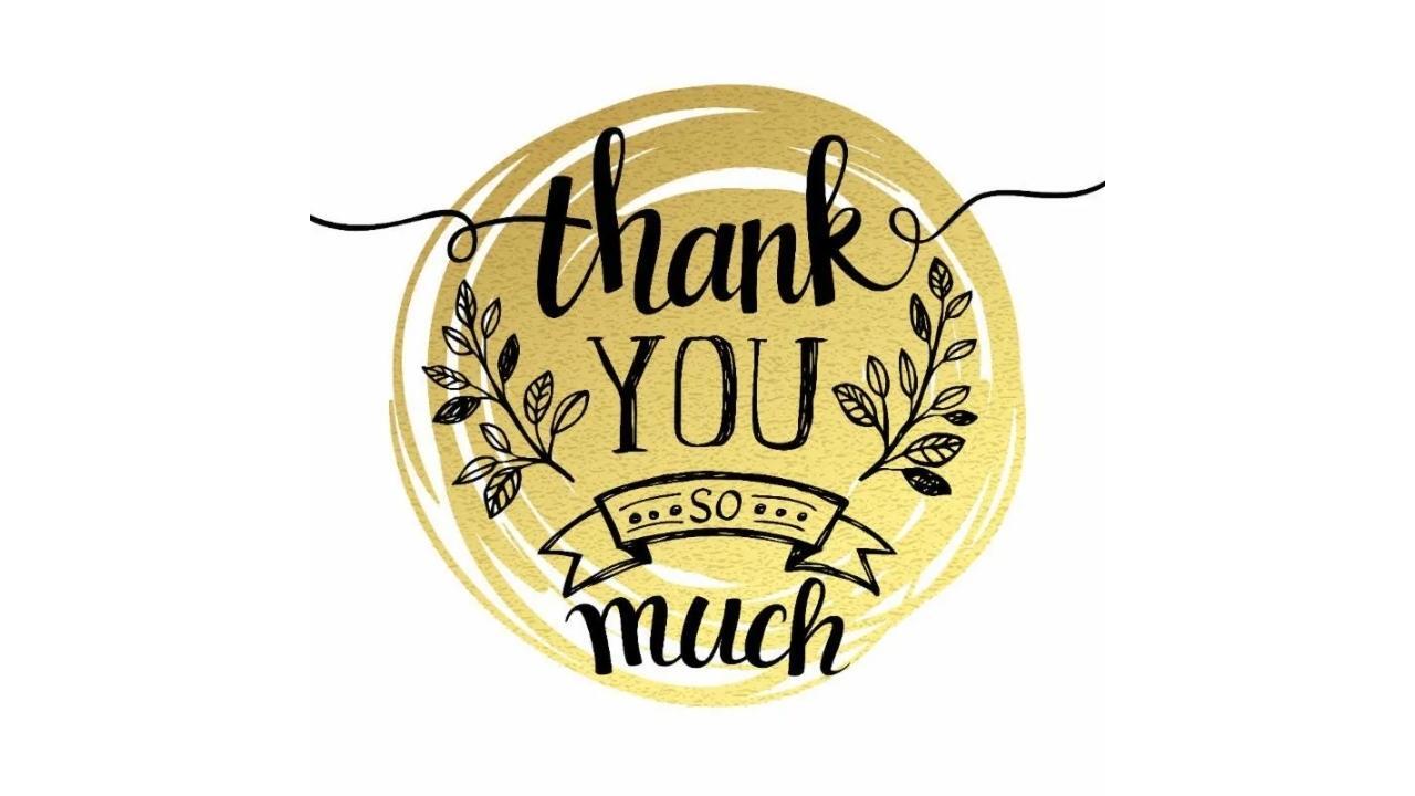 A gold circle with the words thank you so much on it