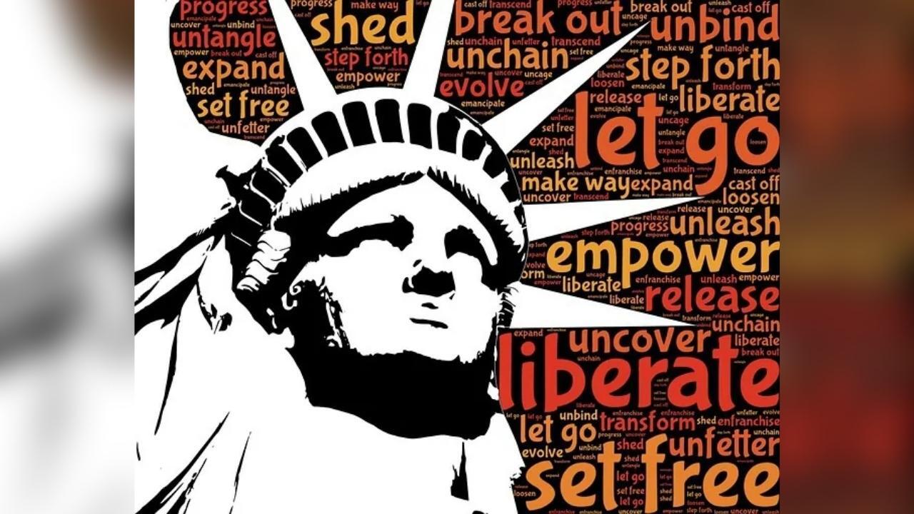 An illustration of the statue of liberty with words surrounding it