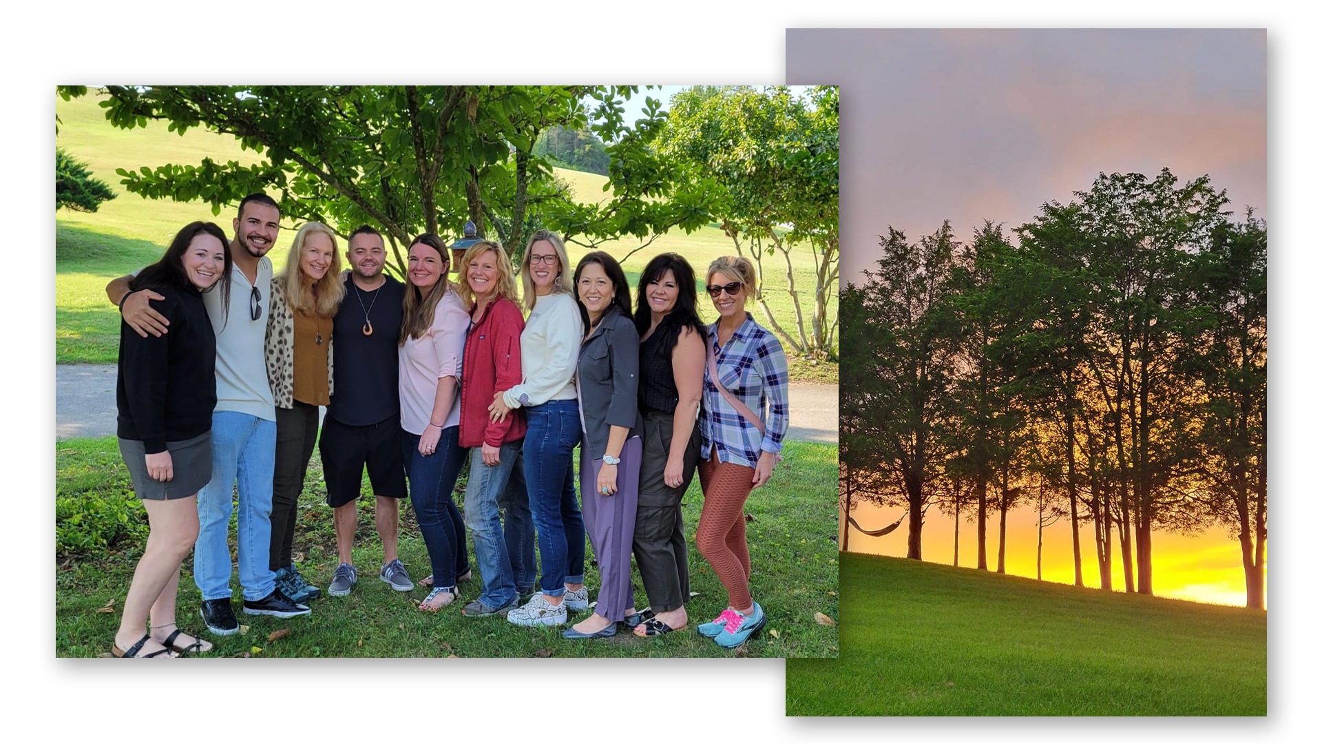 A group of people are posing for a picture in front of a lake.