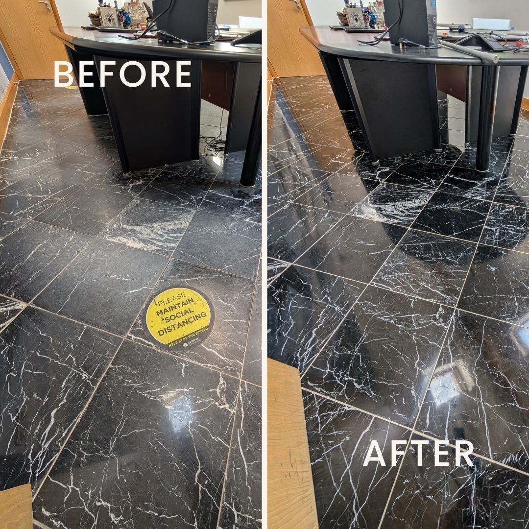 Before and after transformation of a black marble floor in an office building  in Oldham. The left image shows a dull, stained surface before professional deep cleaning. The right image reveals the floor beautifully polished to a high sheen and sealed by Quality Tile Care, restoring its natural elegance and durability