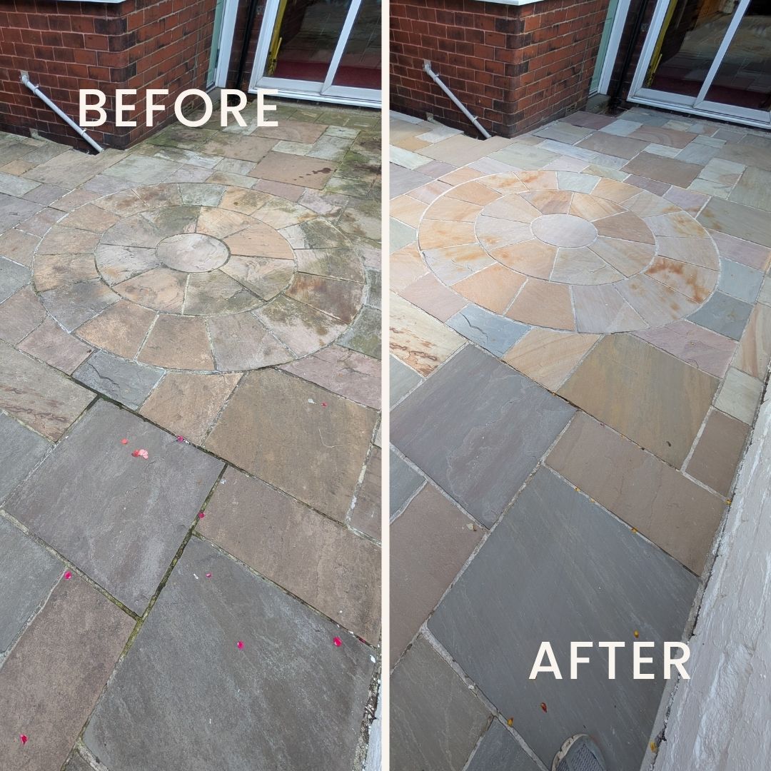 Indian sandstone patio deep clean and seal before and after photo. Works completed in Bolton.