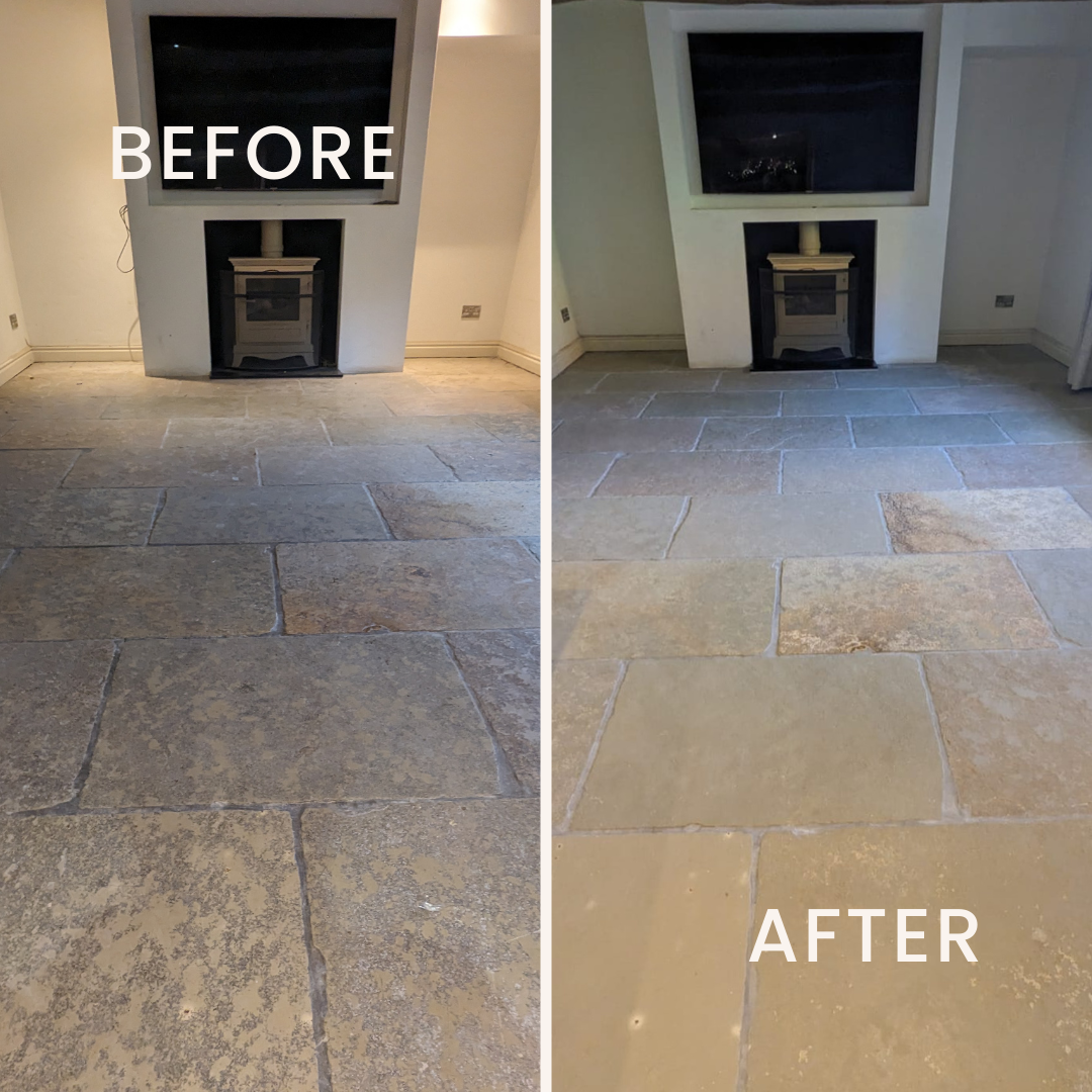 Natural stone floor restoration, deep cleaning and sealing in Stalybridge. Before and after photos.